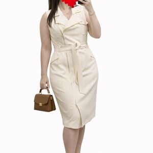 Calvin Klein Sleeveless Cream Zip-Front Belted Midi Dress